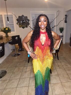 Vibrant Rainbow Fringe Halter Maxi Dress